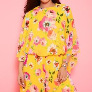 Sexy Yellow Floral Flare Quarter Sleeves Romper
